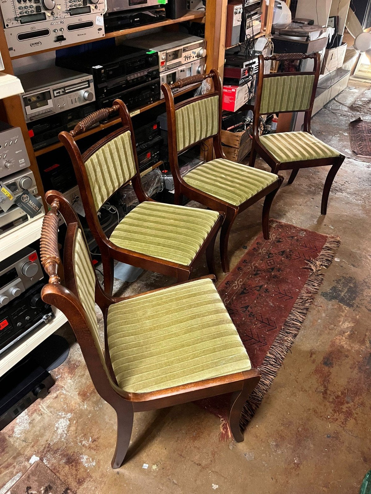 Set van 4 Antieke Stoelen met Groen Gestreept Fluweel, Ophalen