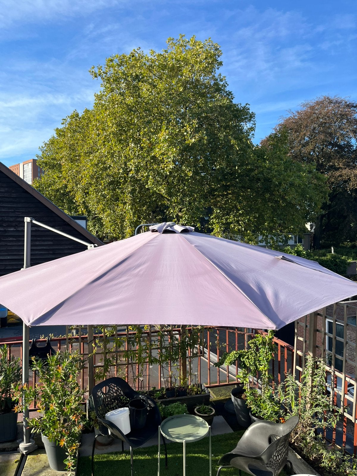 Hangende Parasol grijs 300 cm met voet, Tuin en Terras, Ophalen, 2 tot 3 meter, Kantelbaar, Zweefparasol
