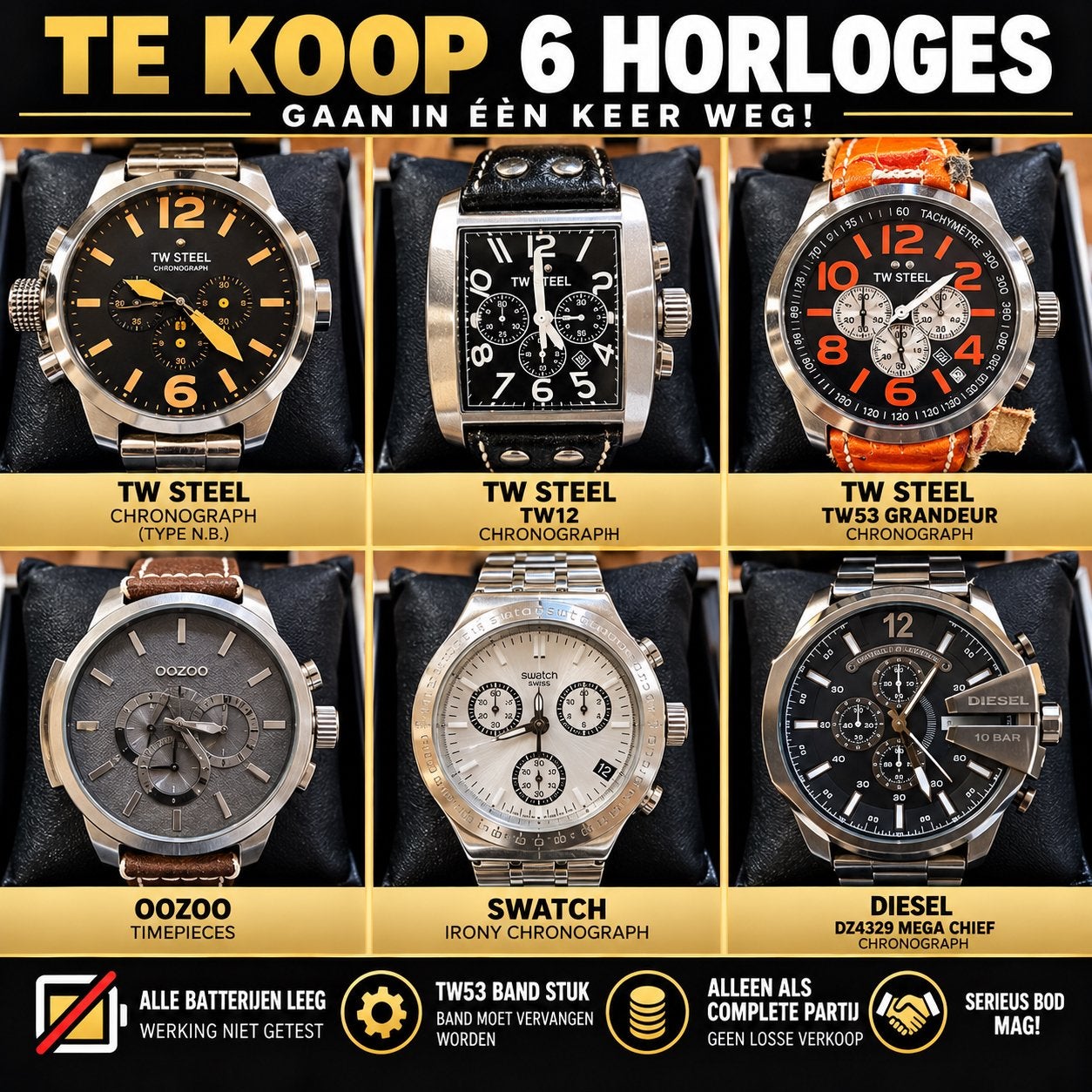 6 Herenhorloges: TW Steel, Diesel, Swatch, OOZOO (partij), Overige merken, Gebruikt, Staal, Polshorloge