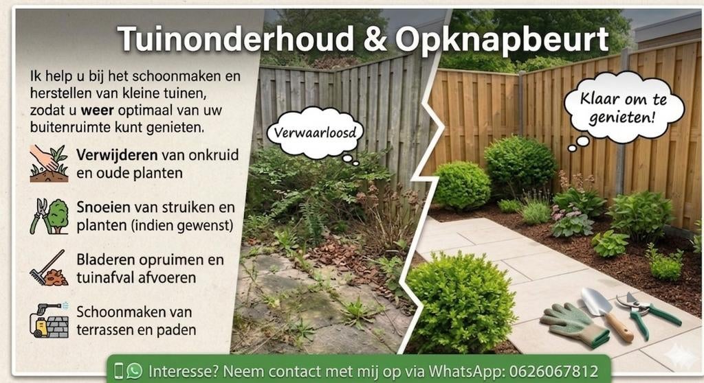 Klusjesman/ Tuinonderhoud & Schoonmaak, Tuin en Terras, Ophalen of Verzenden, 20 m² of meer