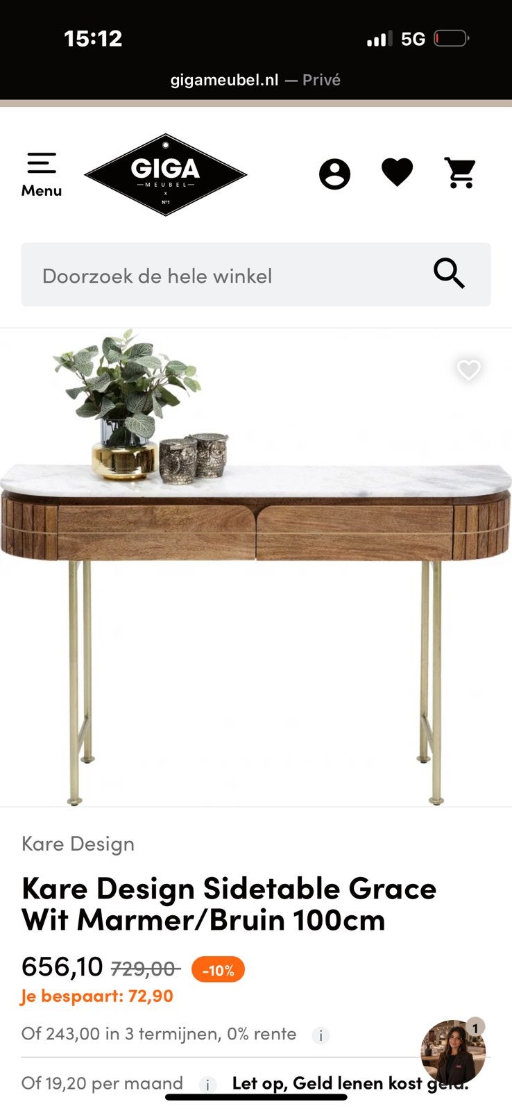 Sidetable marmer/hout, 100 tot 150 cm, Nieuw, Ophalen of Verzenden, 25 tot 50 cm