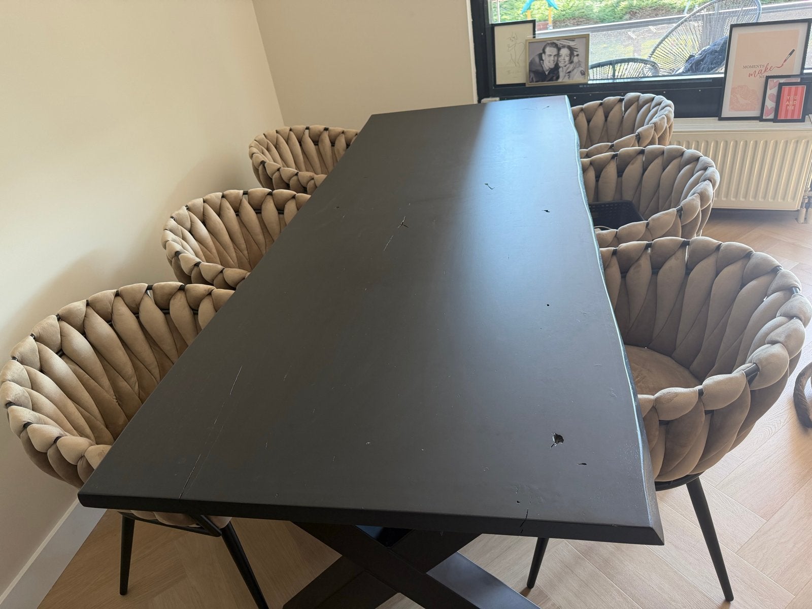 Zwarte boomstam eettafel - 90x220 cm, 200 cm of meer, Zo goed als nieuw, Vijf personen of meer, Rechthoekig