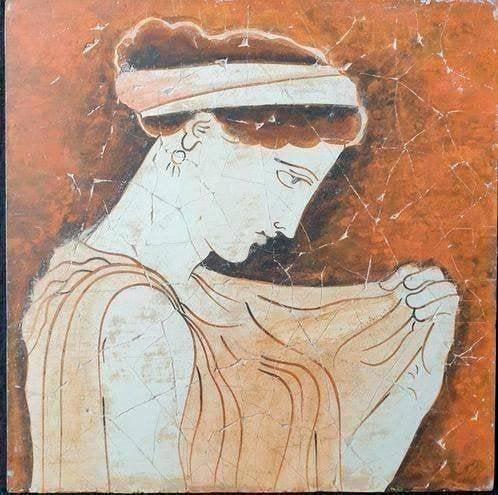 Vintage schilderij Minoïsche fresco in Sparta Griek, Acrylverf, Portret of Personen, Overige ondergronden, Ophalen of Verzenden