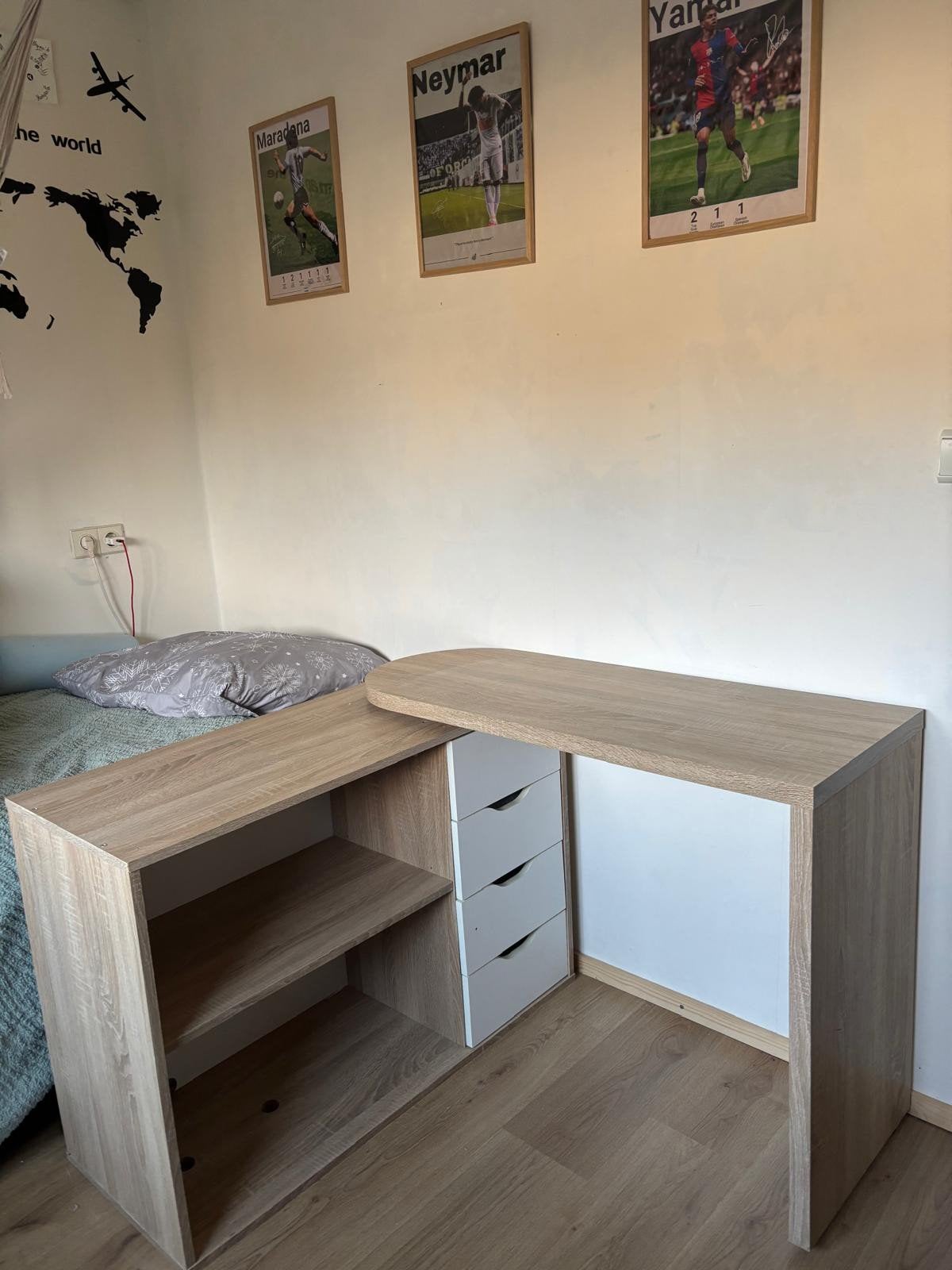 Mooi inklapbaar hoekbureau met lades en planken, Huis en Inrichting, Bureaus, Ophalen of Verzenden