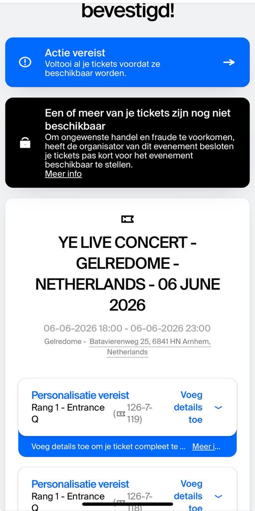 YE LIVE CONCERT 2 TICKETS- GELREDOME - NETHERLANDS -, Tickets en Kaartjes, Twee personen, Juni