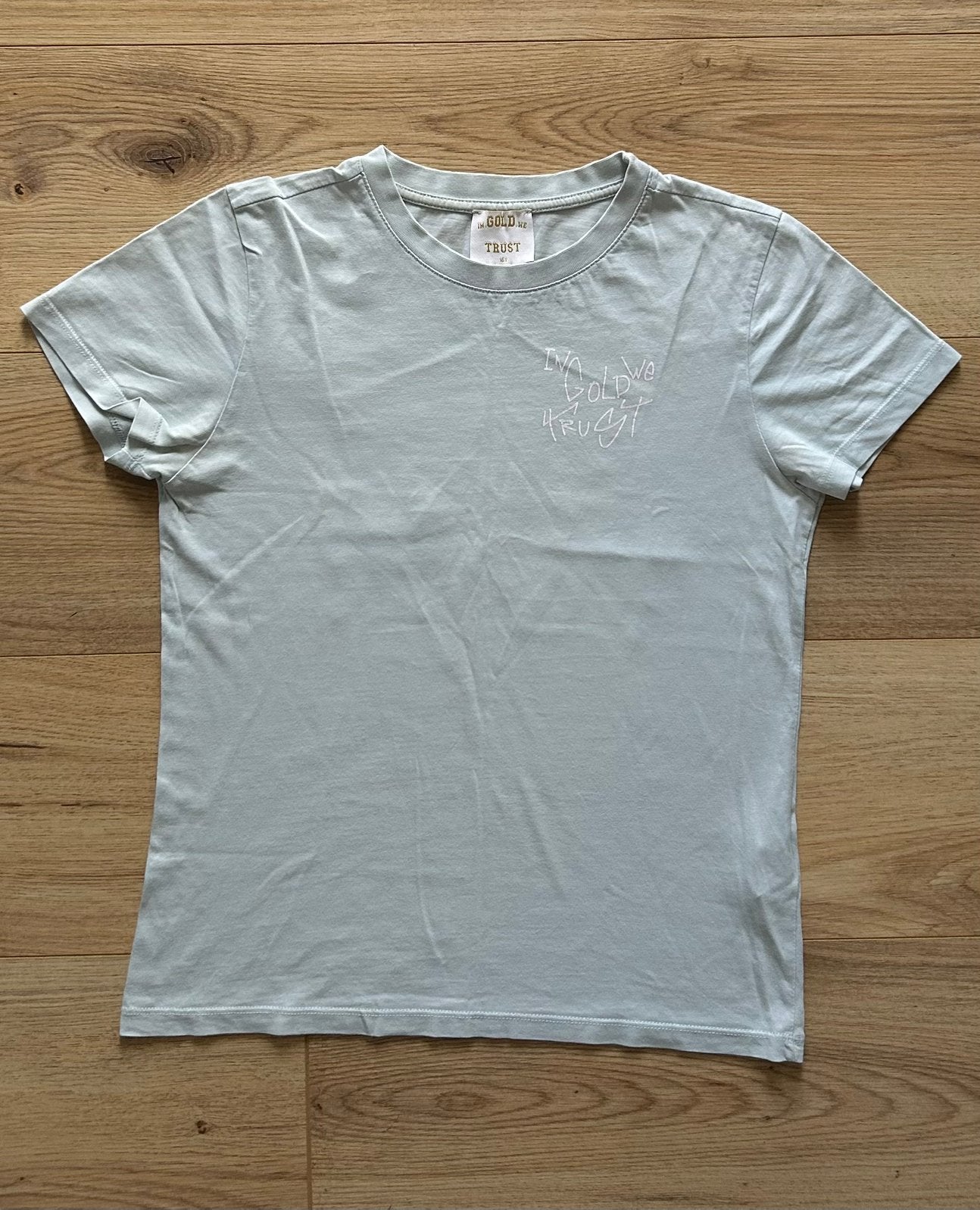 Als nieuw In Gold We Trust shirt t-shirt grijs blauw 158, Ophalen of Verzenden, Zo goed als nieuw, Jongen, Shirt of Longsleeve