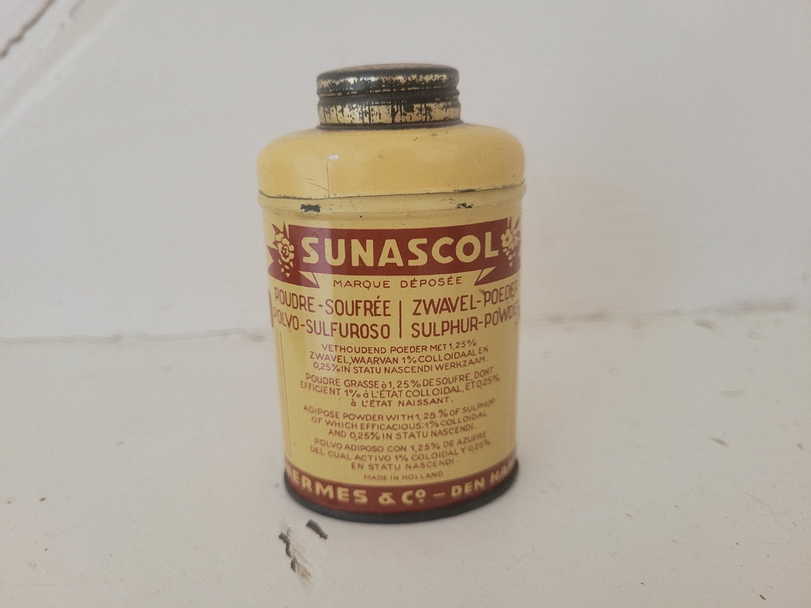 Zeldzaam Sunascol Zwavelpoeder Blik – Hermes & Co Den Haag, Ophalen of Verzenden, Gebruikt, Overige
