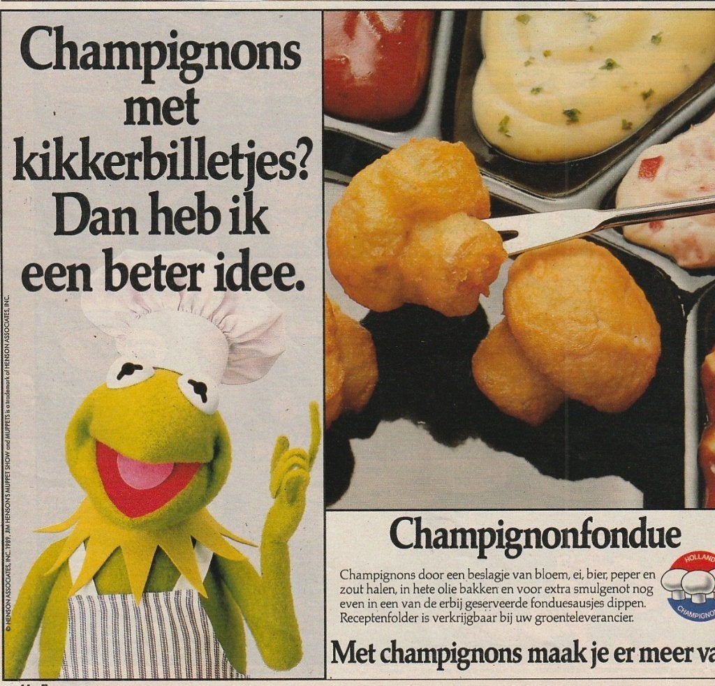 Retro reclame 1989 Champignons Kermit de kikker Muppets, Verzamelen, Verzenden, Overige typen
