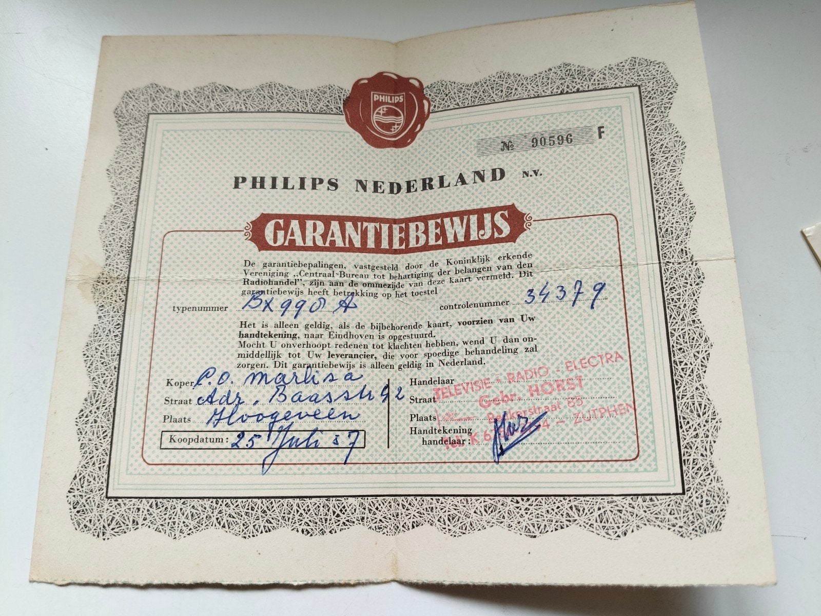 Vintage Philips Radio Garantiebewijs BX990A (1957), Verzenden