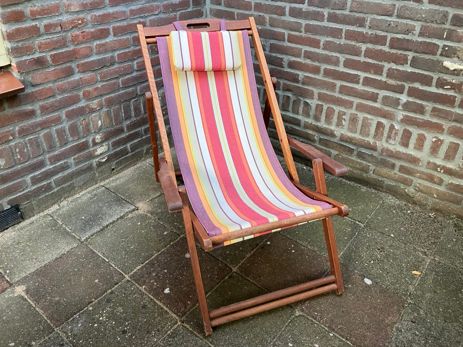 Strandstoel ligstoel retro look, Tuin en Terras, Ligbedden, Ophalen, Gebruikt, Hout, Inklapbaar