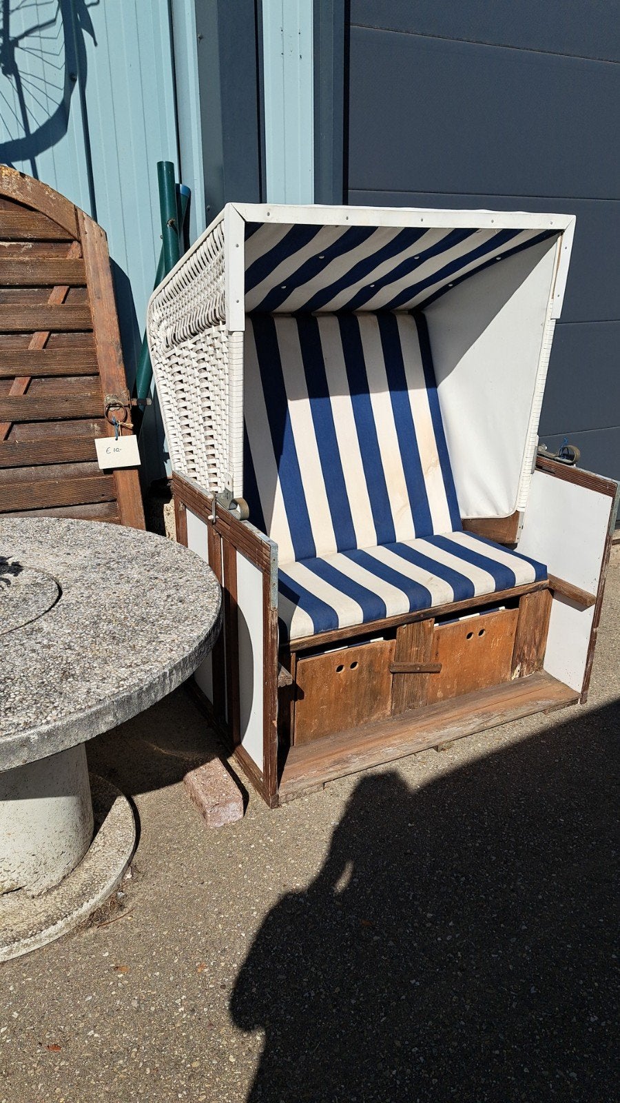 Ouderwetse Strandstoel - Blauw/Wit Gestreepte Kussens, Ophalen, Hout, Gebruikt, Blauw