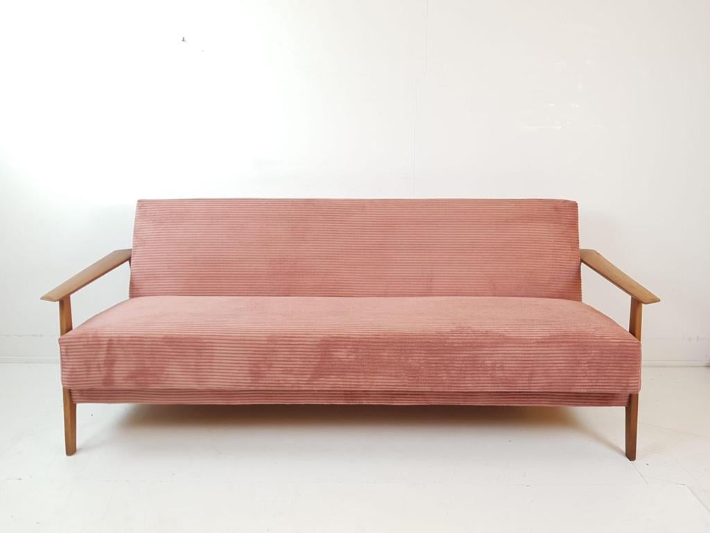 Vintage roze slaapbank | teakhout roze rib bank, Ophalen of Verzenden, Huis en Inrichting