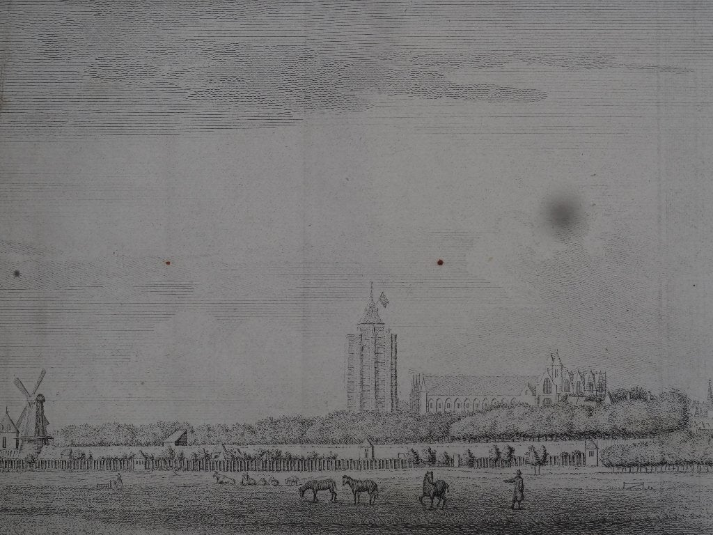 gravure De stad Zierikzee West Havendijk, JC Philips 1751, Stadsgezicht, Ophalen of Verzenden, Gravure, Origineel