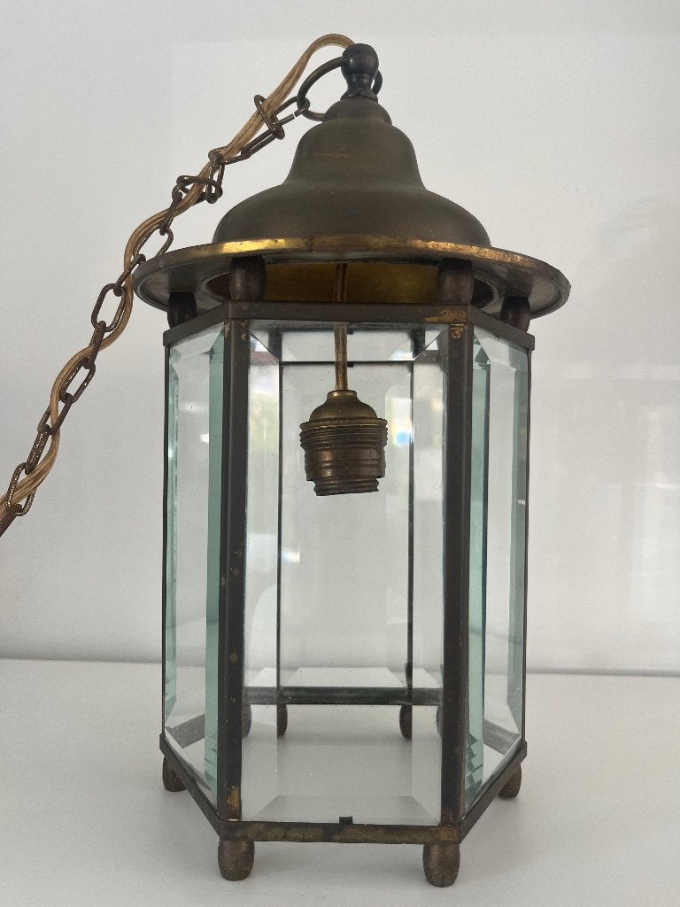 Hanglamp facet glas retro vintage antiek koper brons design, Ophalen of Verzenden, Gebruikt, Glas, E27 (groot)