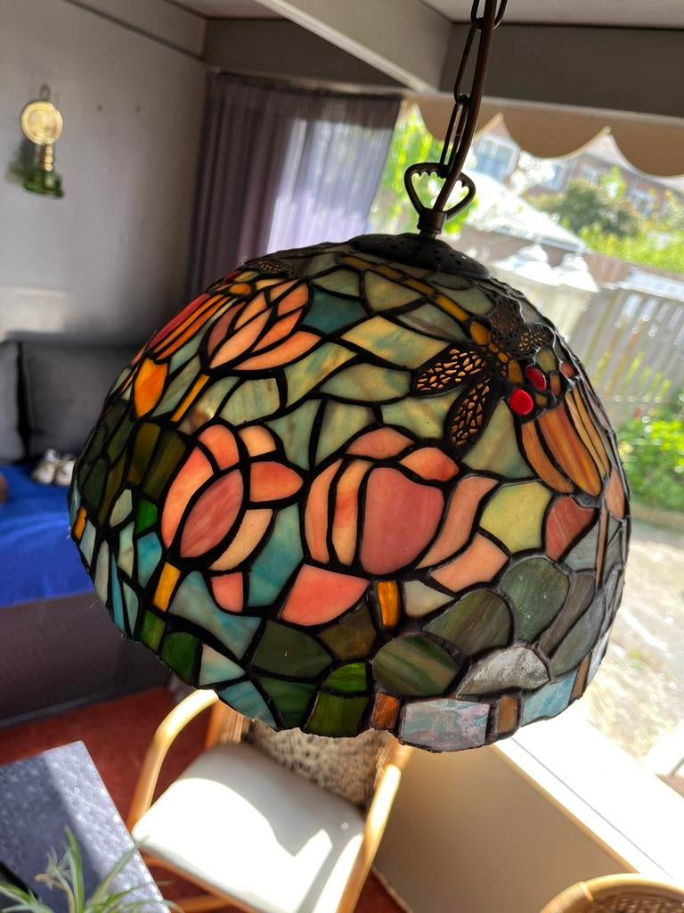 Tiffany Stijl Vintage Hanglamp Glas-in-lood Lamp Libelle, Gebruikt, Ophalen of Verzenden, Glas, Tiffany
