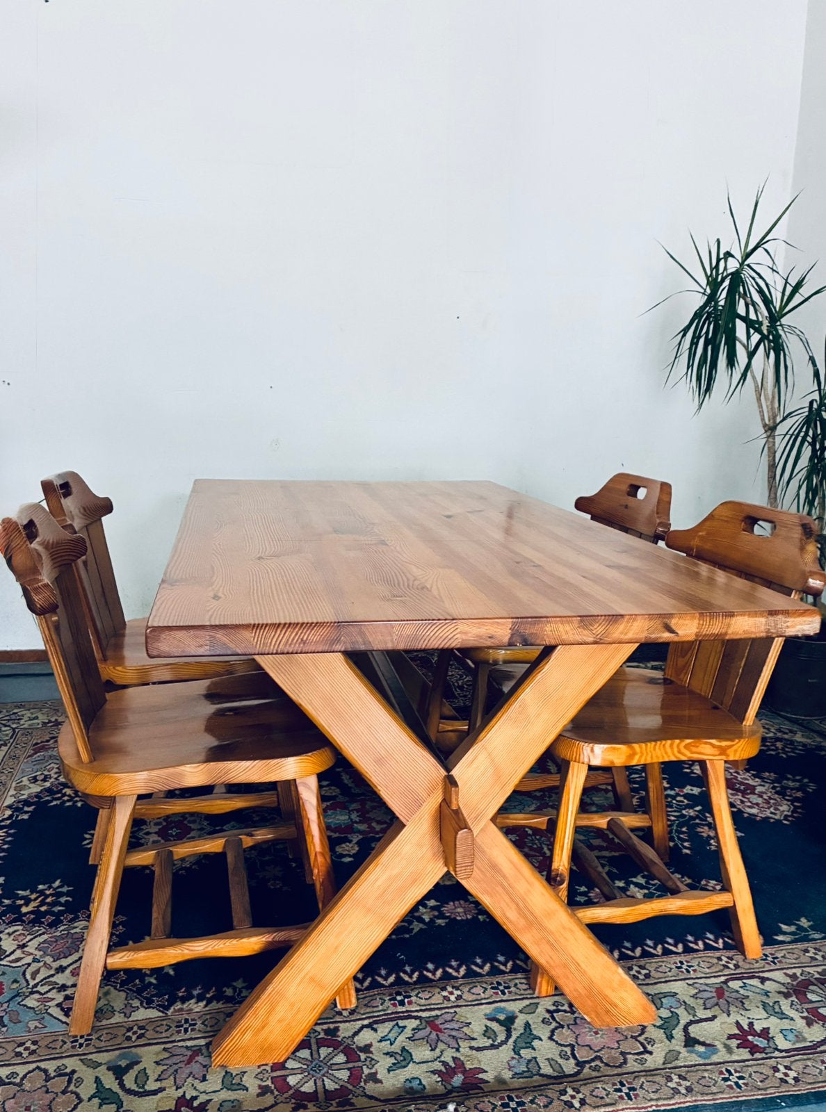 Brutalistische Eetset tafel X-Poot + 4 Stoelen ' 70 Vintage, Ophalen, Zo goed als nieuw, 4 tot 6 stoelen