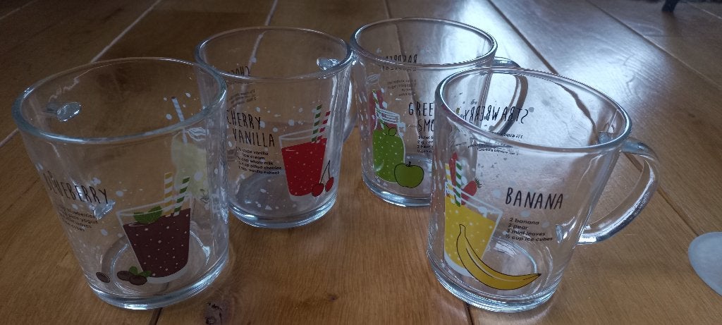 4 glazen mokken (voor thee, smoothies, warme choco, etc), Ophalen of Verzenden, Zo goed als nieuw, Overige typen