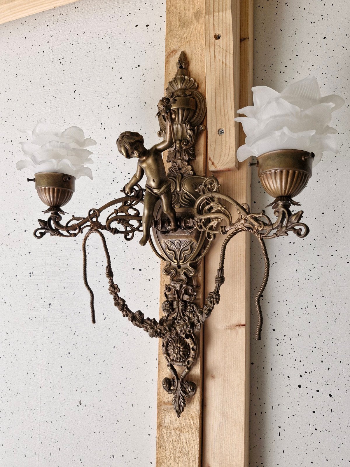 Gave antieke grote bronzen cupido engelen wandlamp, Ophalen of Verzenden