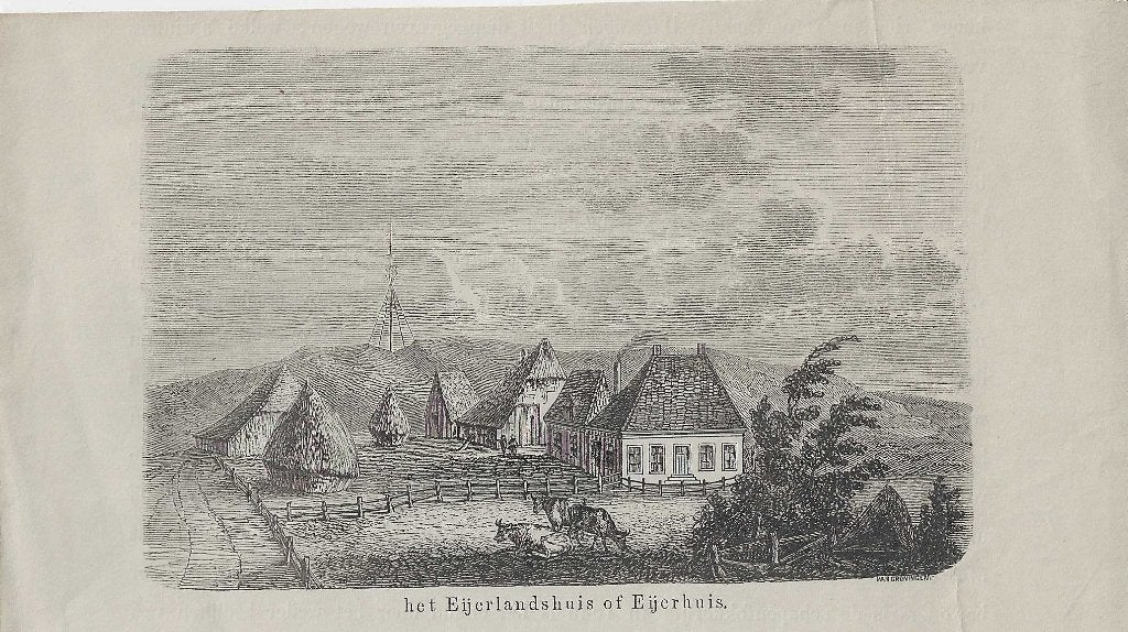 Texel  Het Eijerlandshuis of Eijerhuis houtgravure 1857, Antiek en Kunst, Gesigneerd, 1800 - 1899, 9 cm, Ophalen of Verzenden