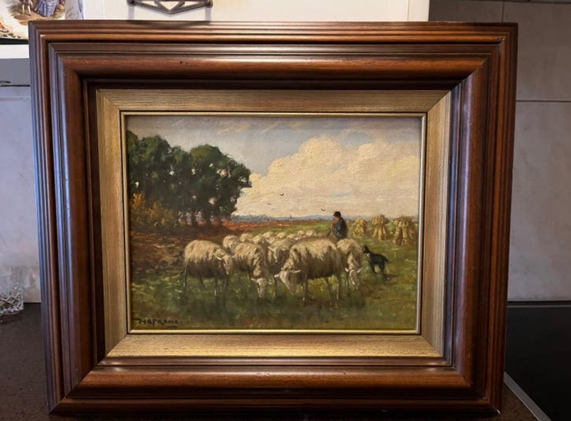 Antiek olieverf schilderij herder met schapen, Antiek en Kunst, Kunst | Schilderijen | Klassiek, Ophalen