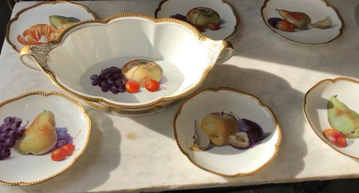 Antiek porseleinen servies OHME Germany, fruitdecor, verguld, Ophalen of Verzenden