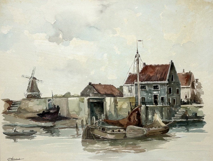 946. Aquarel, G.J. Wesselink – haven met molen, 20e eeuw, Antiek en Kunst, Ophalen of Verzenden, Aquarel, Stadsgezicht