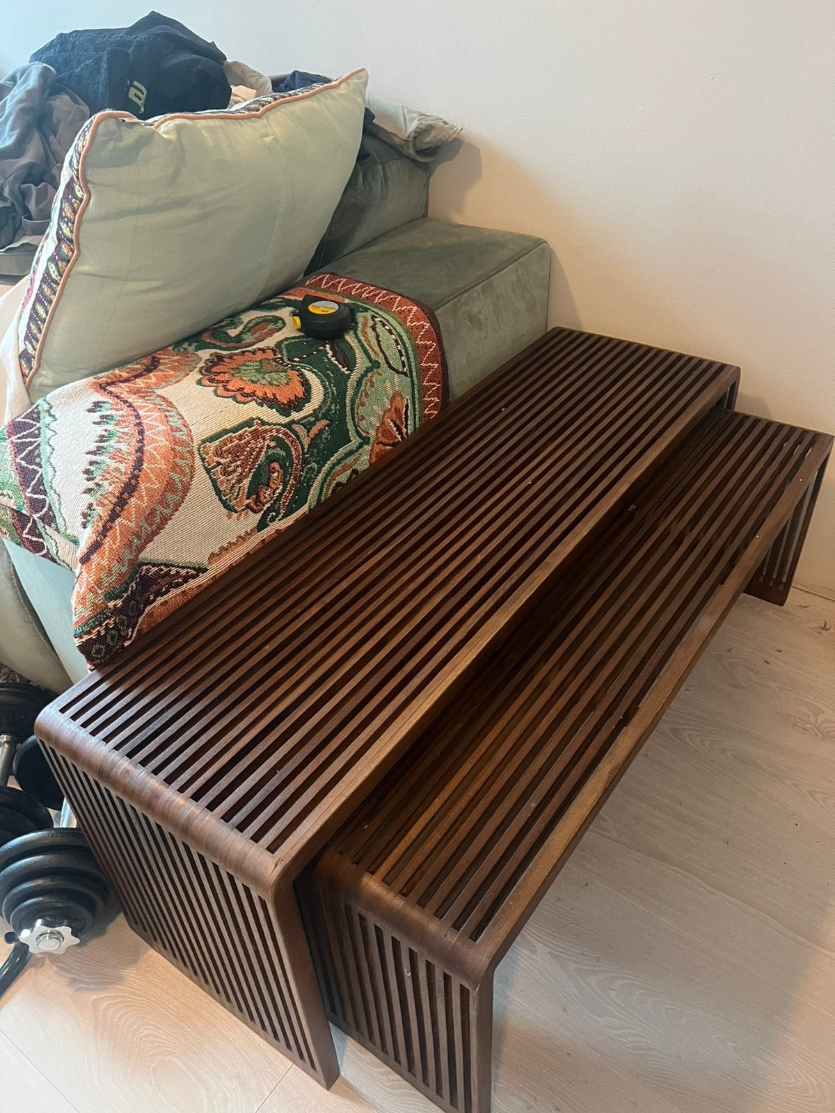 Lattenbank 2 zits teak hout (set), Ophalen, Zo goed als nieuw