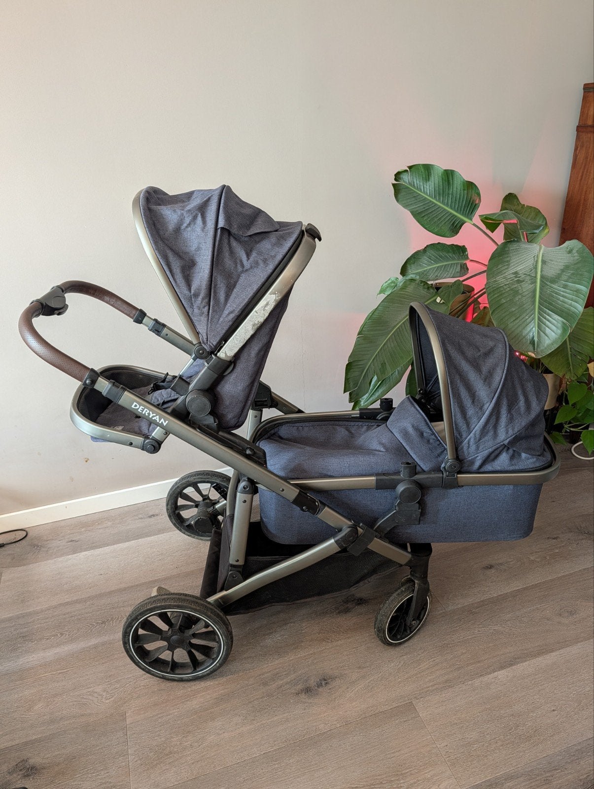 Deryan Evy Duo Kinderwagen Blauw incl. Maxi Cosi, Ophalen, Gebruikt, Overige merken, Verstelbare duwstang