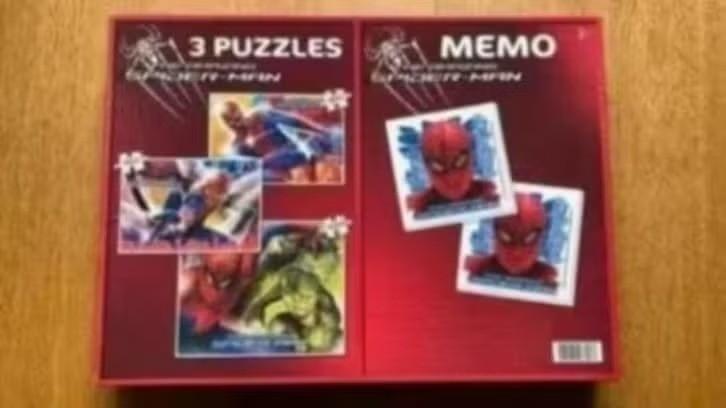 3 puzzels en memo : the Amazing Spider-Man, Ophalen of Verzenden, 10 tot 50 stukjes, Zo goed als nieuw