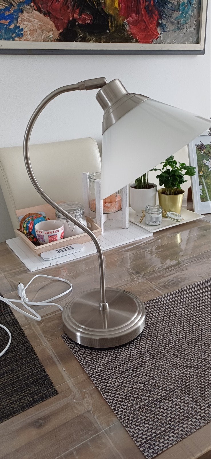 Tafellamp met gebogen arm en glazen kap, Bureaulamp, Overige merken, Zo goed als nieuw, Glas