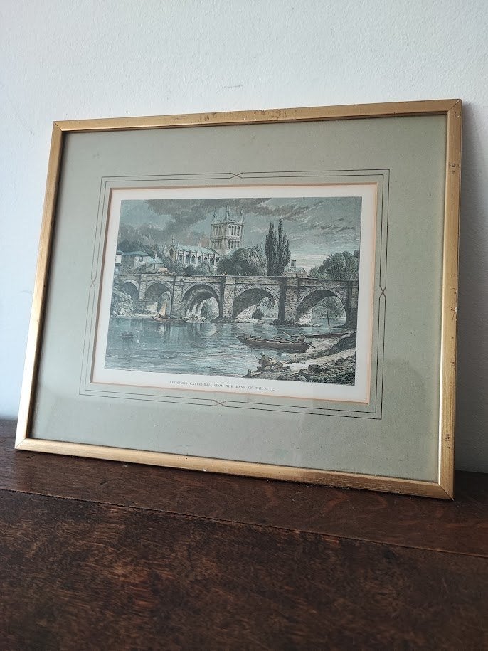** antieke gravure - Hereford Cathedral **, Ingelijst, 1800 - 1899, Architectuur, Ophalen of Verzenden