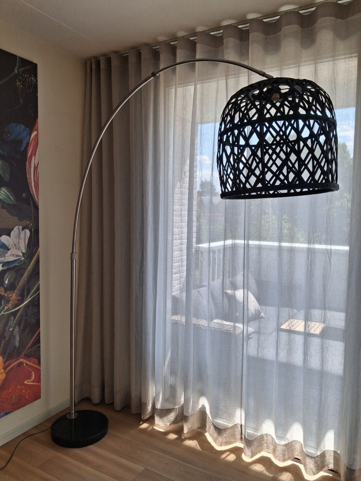 Moderne booglamp met zwarte rotan kap, Ophalen, Modern, Scandinavisch, 200 cm of meer, E27 (groot)