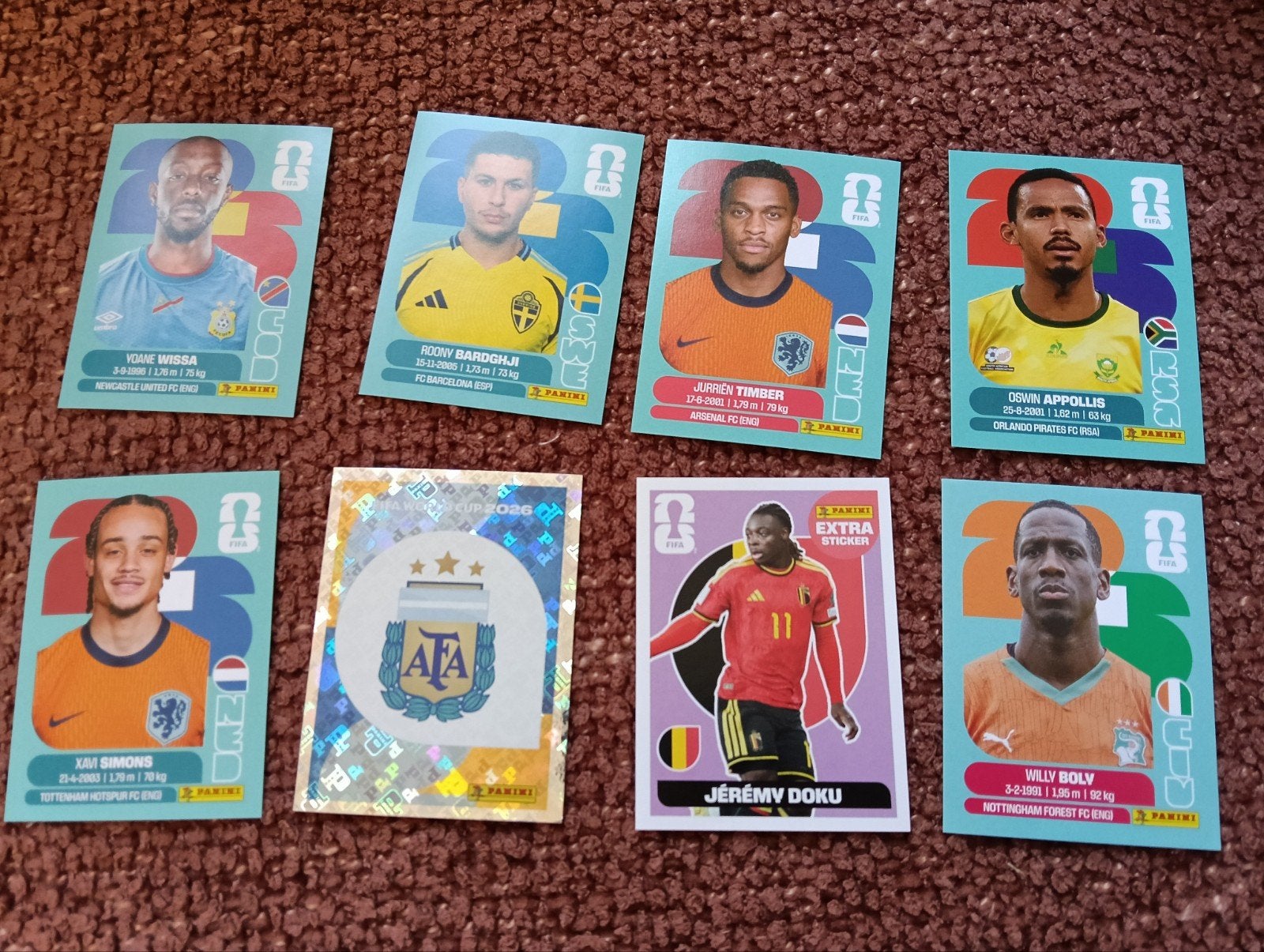 8 Panini WK voetbal stickers + extra sticker Doku, Ophalen of Verzenden, Nieuw