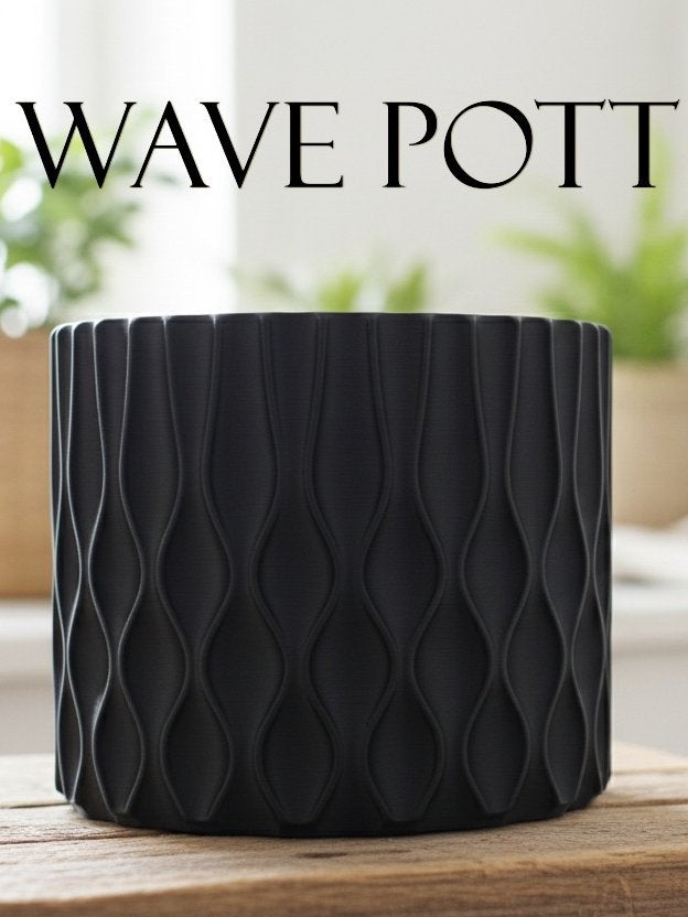 Wave Pott - Stijlvolle Zwarte Bloempot met Golfpatroon, Kunststof, Rond, Ophalen of Verzenden, Binnen