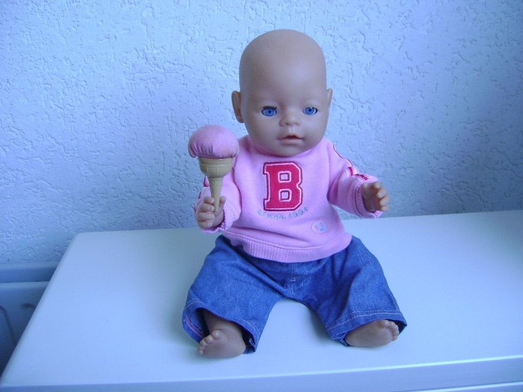 babyborn pop met ijsje 40h spijkerbroek en trui mist 1wimper, Ophalen of Verzenden, Zo goed als nieuw, Babypop