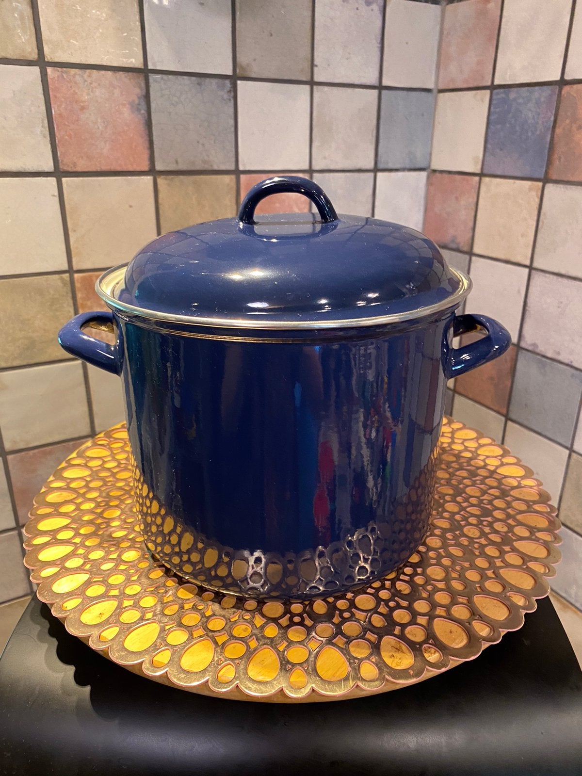 Vintage blauwe emaille pan,doorsnee 22.5 cm,hoog met deks.24, Ophalen of Verzenden