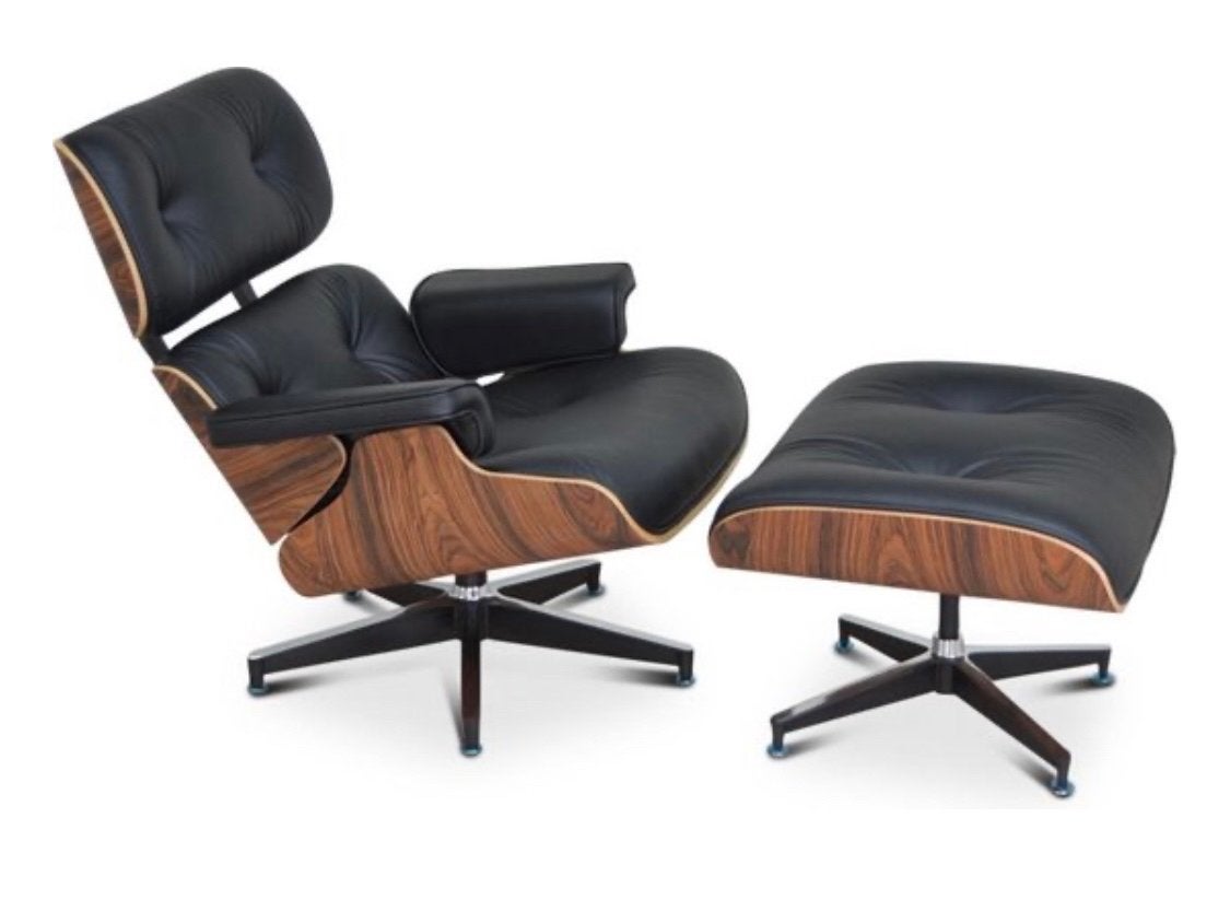 copie Eames Lounge Chair met Ottoman - Zwart Leer & Hout, Ophalen, Zwart, Zo goed als nieuw, Eén