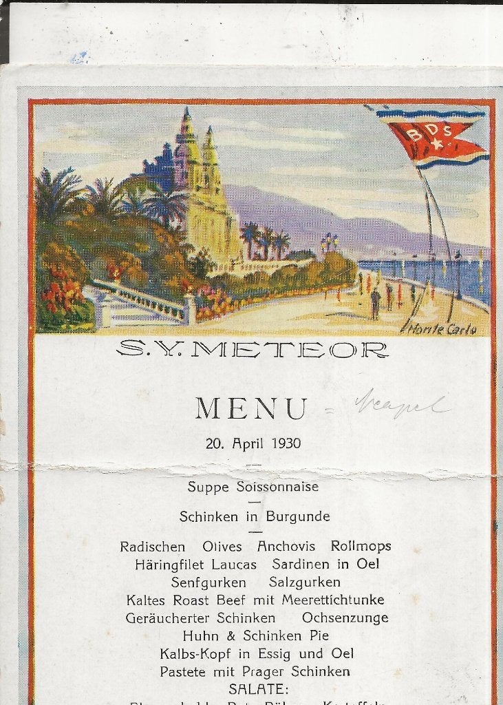 S.Y.Meteor Menukaart Monte Carlo 20 april 1930, Ophalen of Verzenden, 1920 tot 1940, Ongelopen, Zuid-Holland