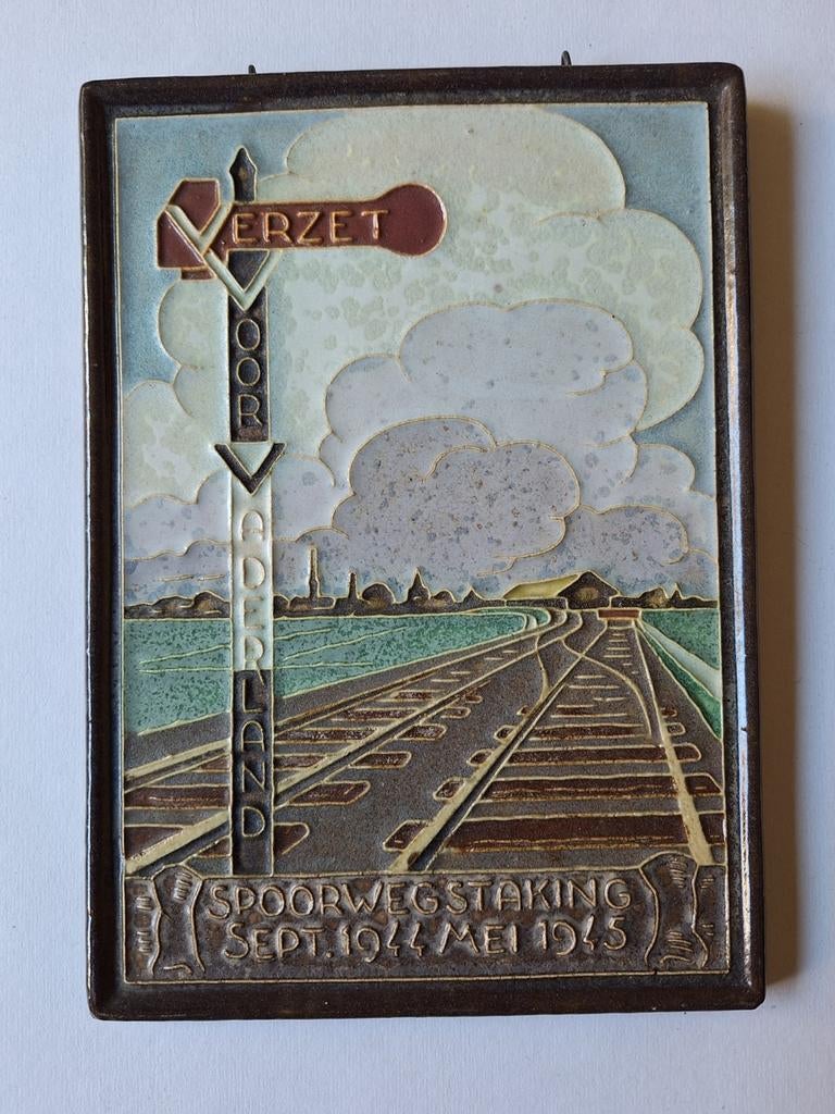 Delfts Blauw Tegeltableau Spoorwegstaking WOII, Antiek en Kunst, Ophalen of Verzenden