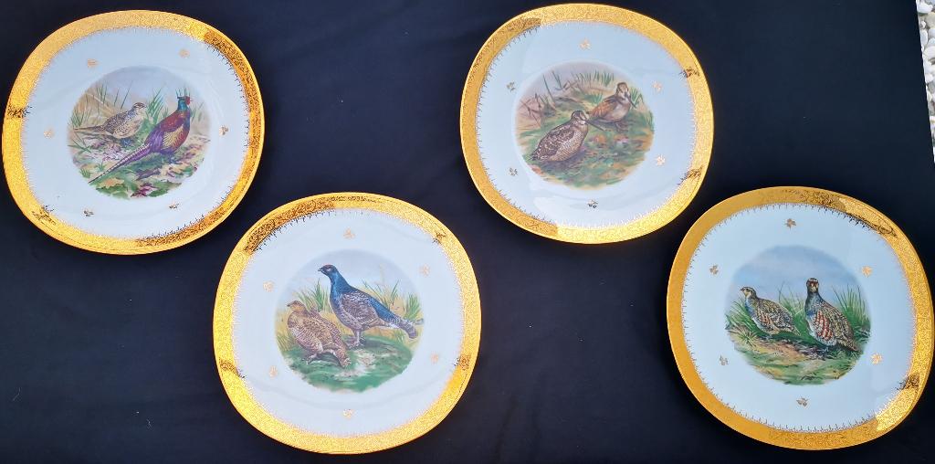4 Limoges borden Raynaud & Cie Fazanten Houtsnippen 24K goud, Nieuw, Ophalen of Verzenden, Bord(en), Overige stijlen