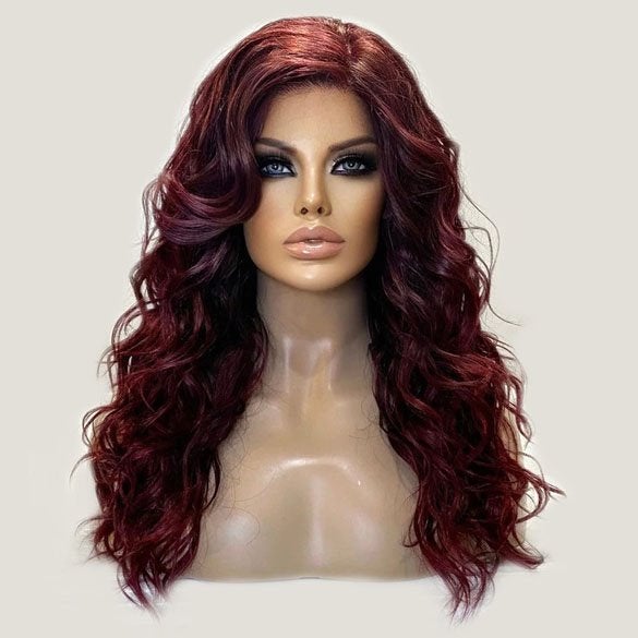 Swiss lace pruik wijnrood lang haar beach wave krullen Calyx, Verzenden, Nieuw, Pruik of Haarverlenging