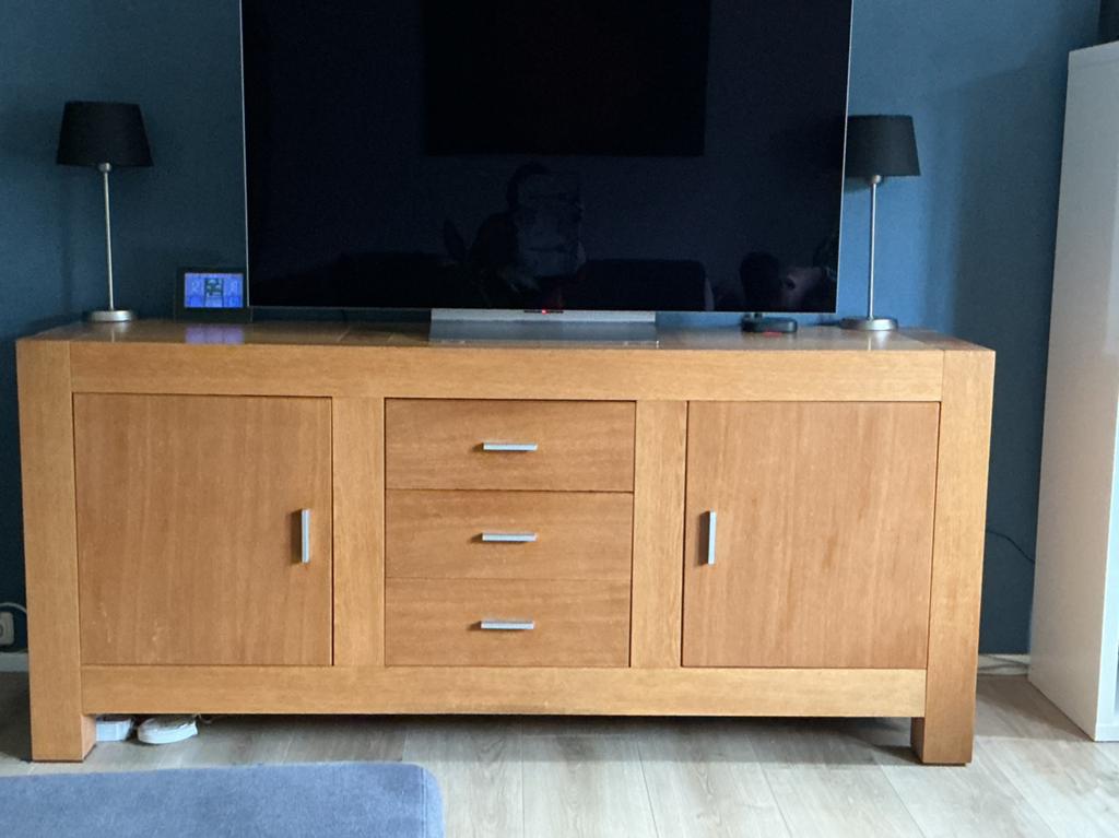 Te koop. Geolied eiken dressoir en vitrinekast., Ophalen, Gebruikt, 25 tot 50 cm, 150 tot 200 cm