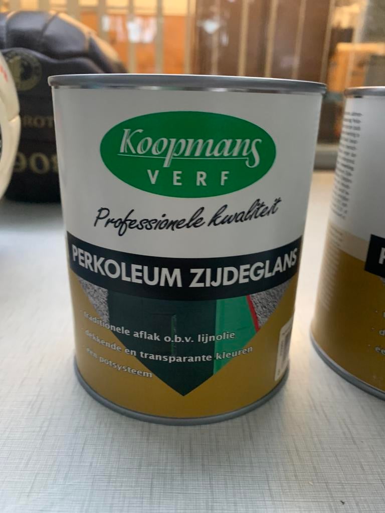Twee blikken Koopmans Perkoleum Zijdeglans antiek blauw, Ophalen of Verzenden
