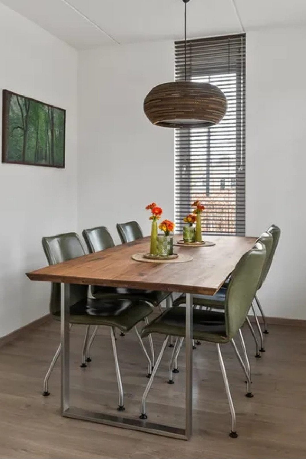 Notenhouten eettafel (220x100cm) met 6 olijfgroene stoelen, Huis en Inrichting, Ophalen, 100 tot 150 cm, Vijf personen of meer