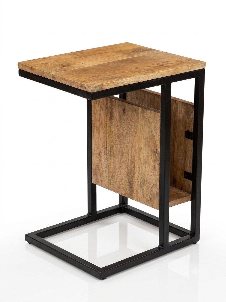 Laptoptafel Flynn: Mangohout & Zwart Metaal met Lectuurbak, Ophalen, Minder dan 55 cm, Nieuw, 60 cm of meer