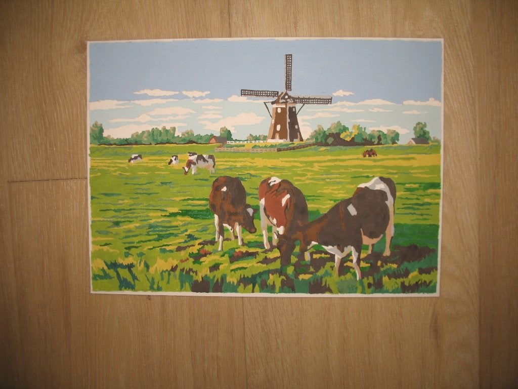 Prent Geschilderd op Klr. Nr. Holland Molen Koeien Gras Vint, Ophalen of Verzenden, Zo goed als nieuw