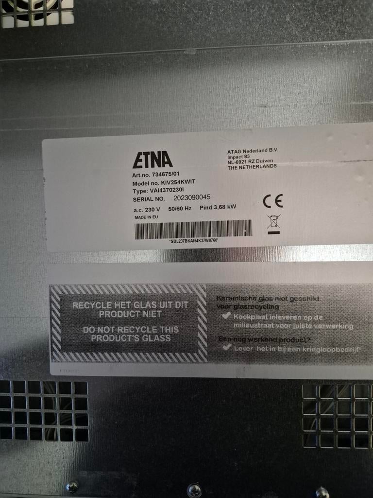 Etna KIV254KWIT Inductiekookplaat - 54 cm - WIT, Gebruikt, Inductie, Vrijstaand, 4 kookzones