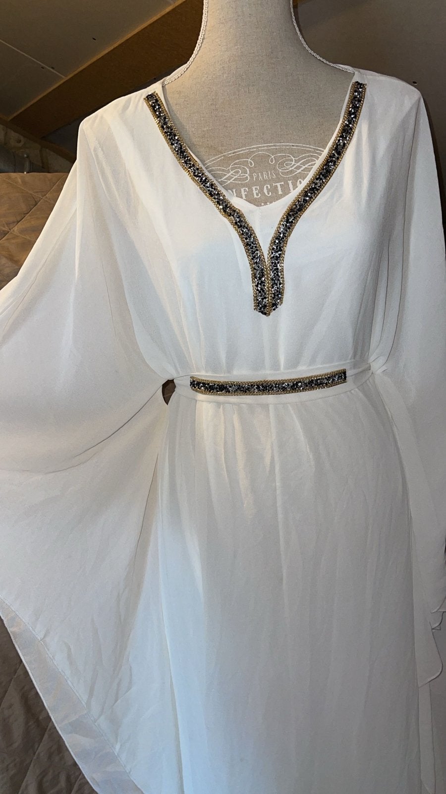 Witte Kaftan Jurk met Gouden en Zilveren Kralen, Kleding | Dames, Jurken, Maat 38/40 (M), Wit, Ophalen of Verzenden, Zo goed als nieuw