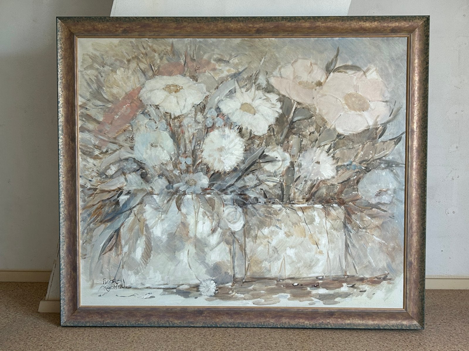 Floor Koomen - Bloemen portret (100x120 cm), Antiek en Kunst, Doek, Realistisch, Olieverf, Ingelijst