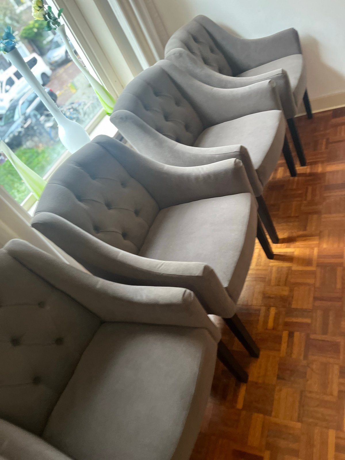 Set van 4 grijze eetkamerstoelen - Zo goed als nieuw, Ophalen, Zo goed als nieuw, Vier, Grijs